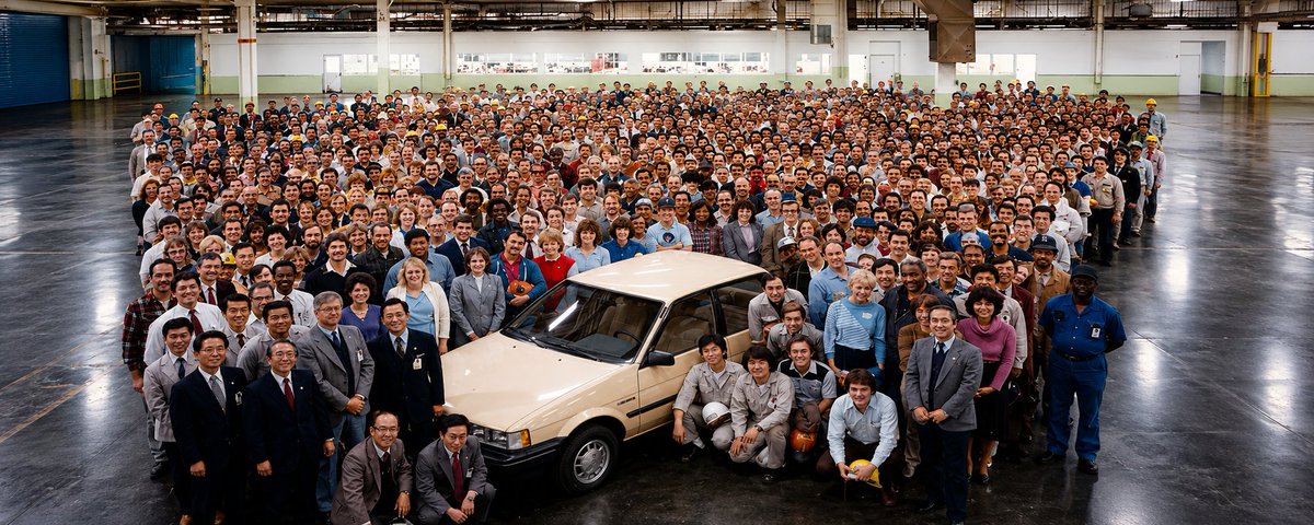 People gathered around a car on a factory floor, as depicted in the original article.