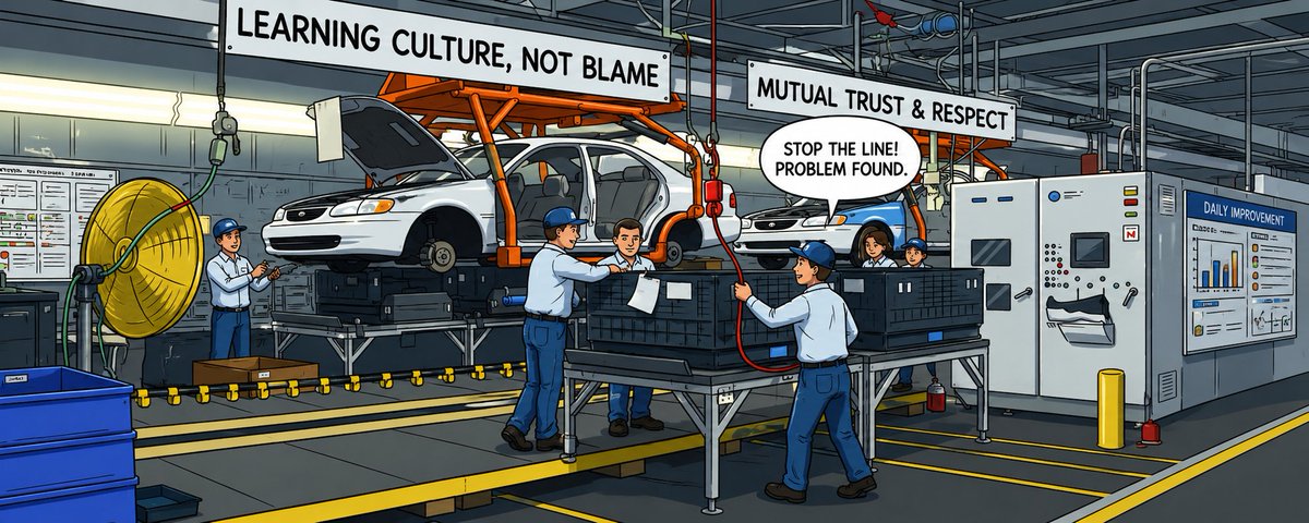Illustration of workers using a production-line stop cord, with signs about learning, trust and respect.