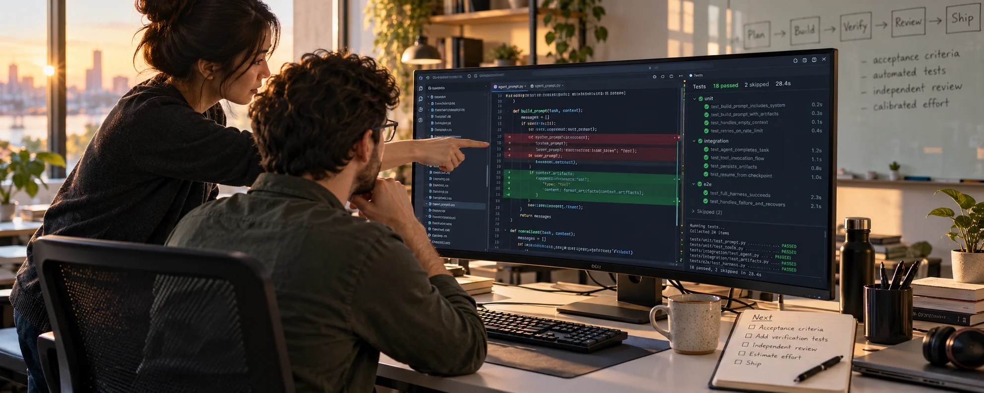 Illustrative scene of two software engineers reviewing a code change and automated test results.