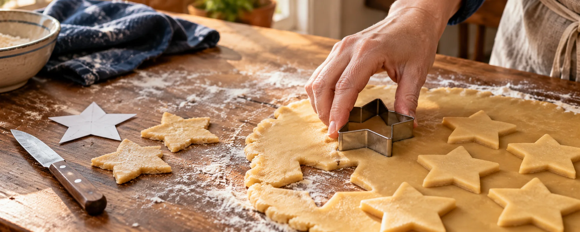 Illustrative baking scene: hand-cut star cookies beside a reusable star-shaped cookie cutter making matching shapes.