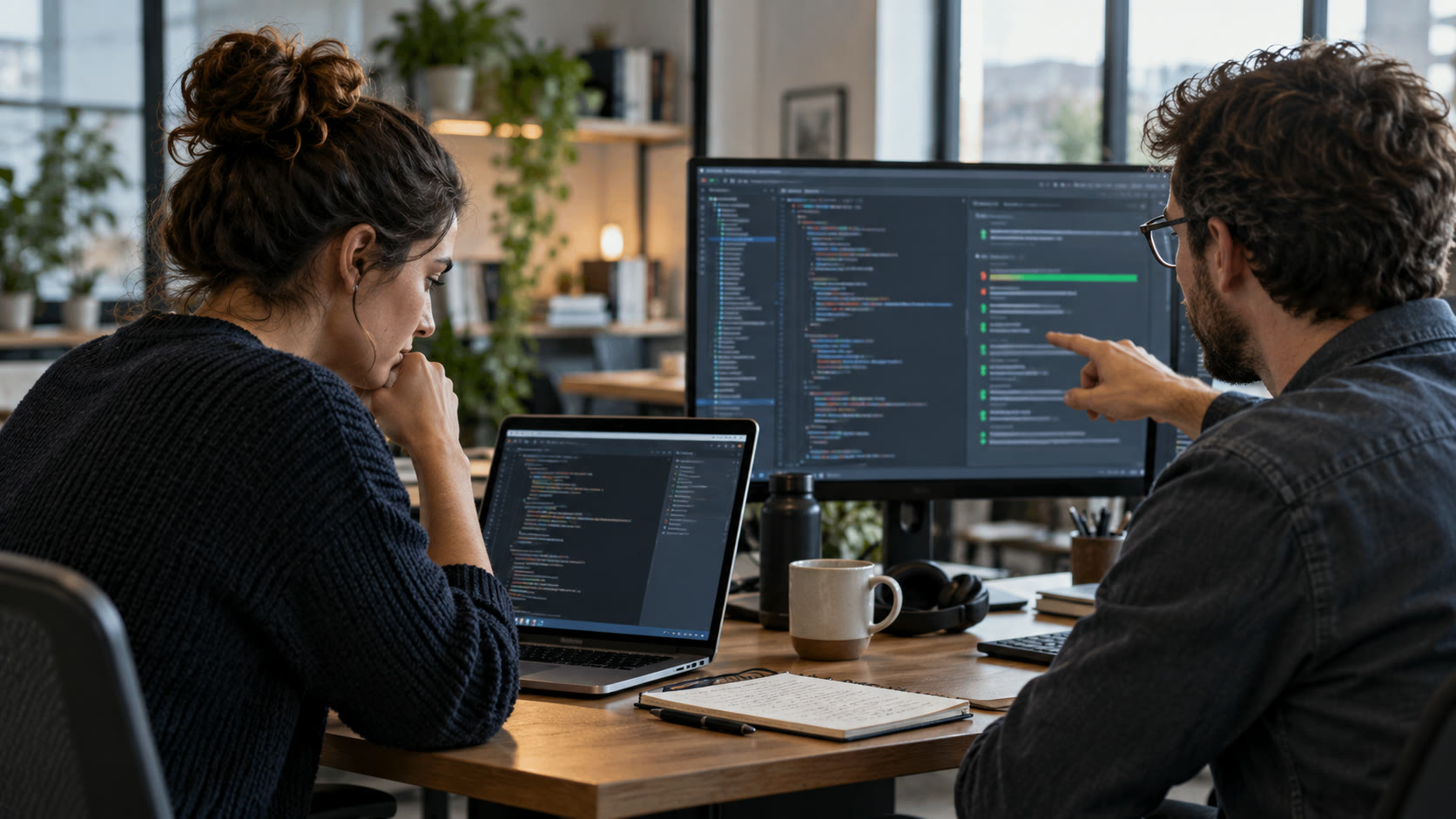 Illustrative AI-generated photograph of two software engineers reviewing code and test results together.