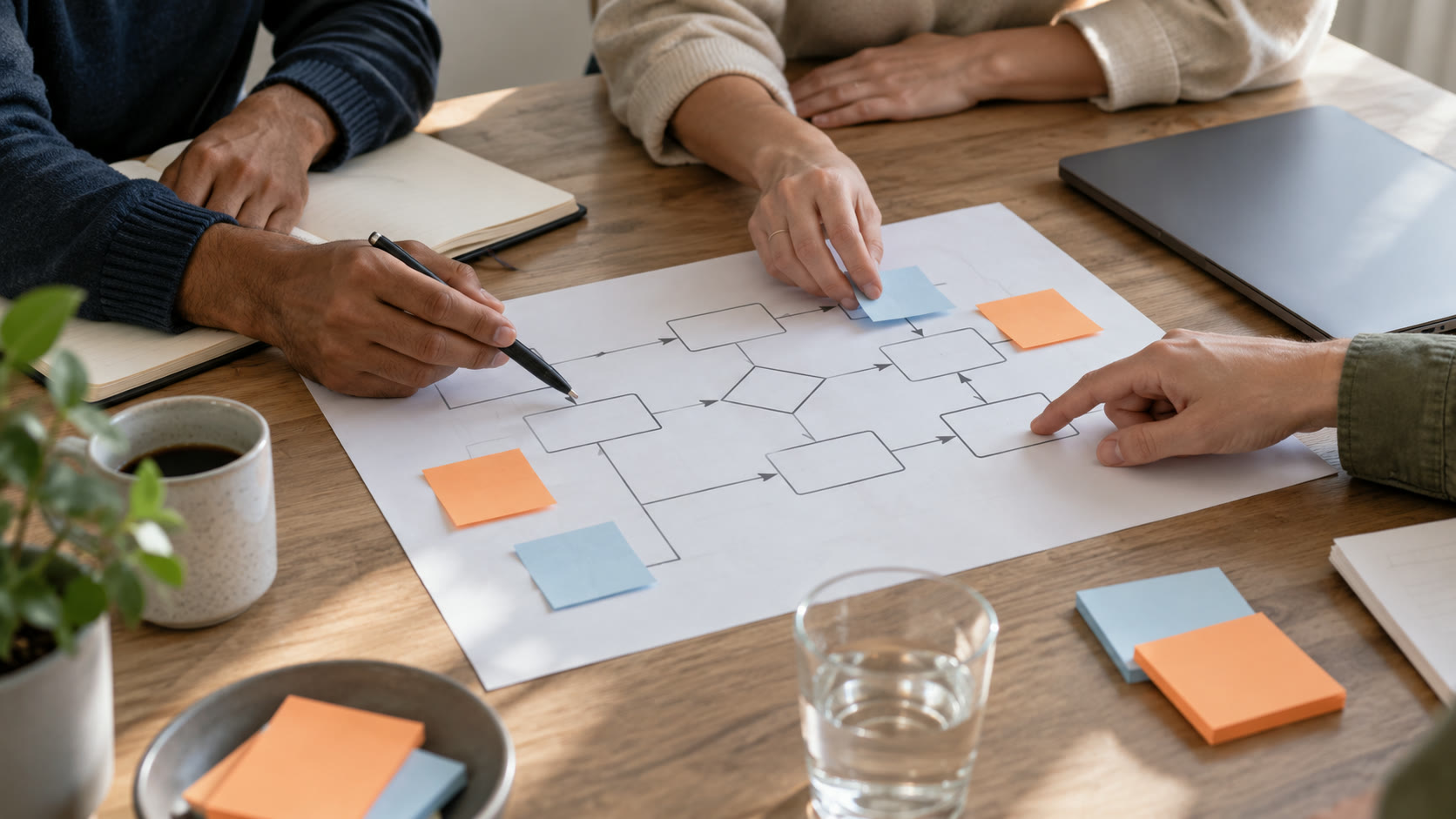 Illustrative AI-generated photograph showing colleagues mapping a workflow on paper in a meeting room.