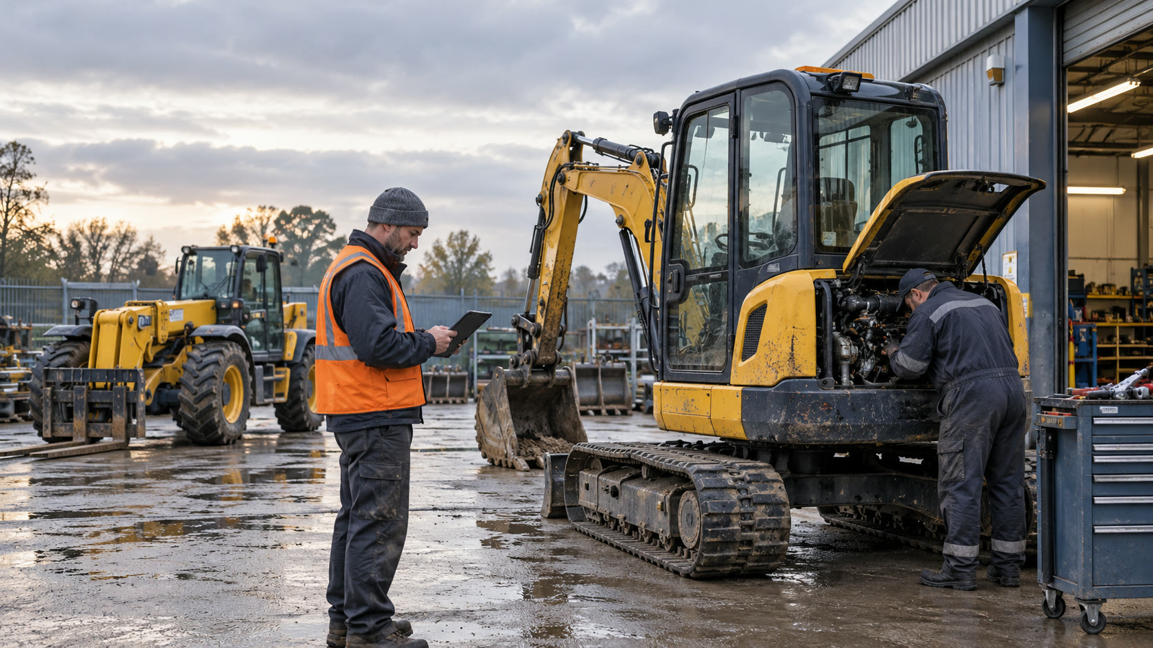Illustrative AI-generated photograph of a plant-hire supervisor and technician inspecting an excavator at an equipment yard.